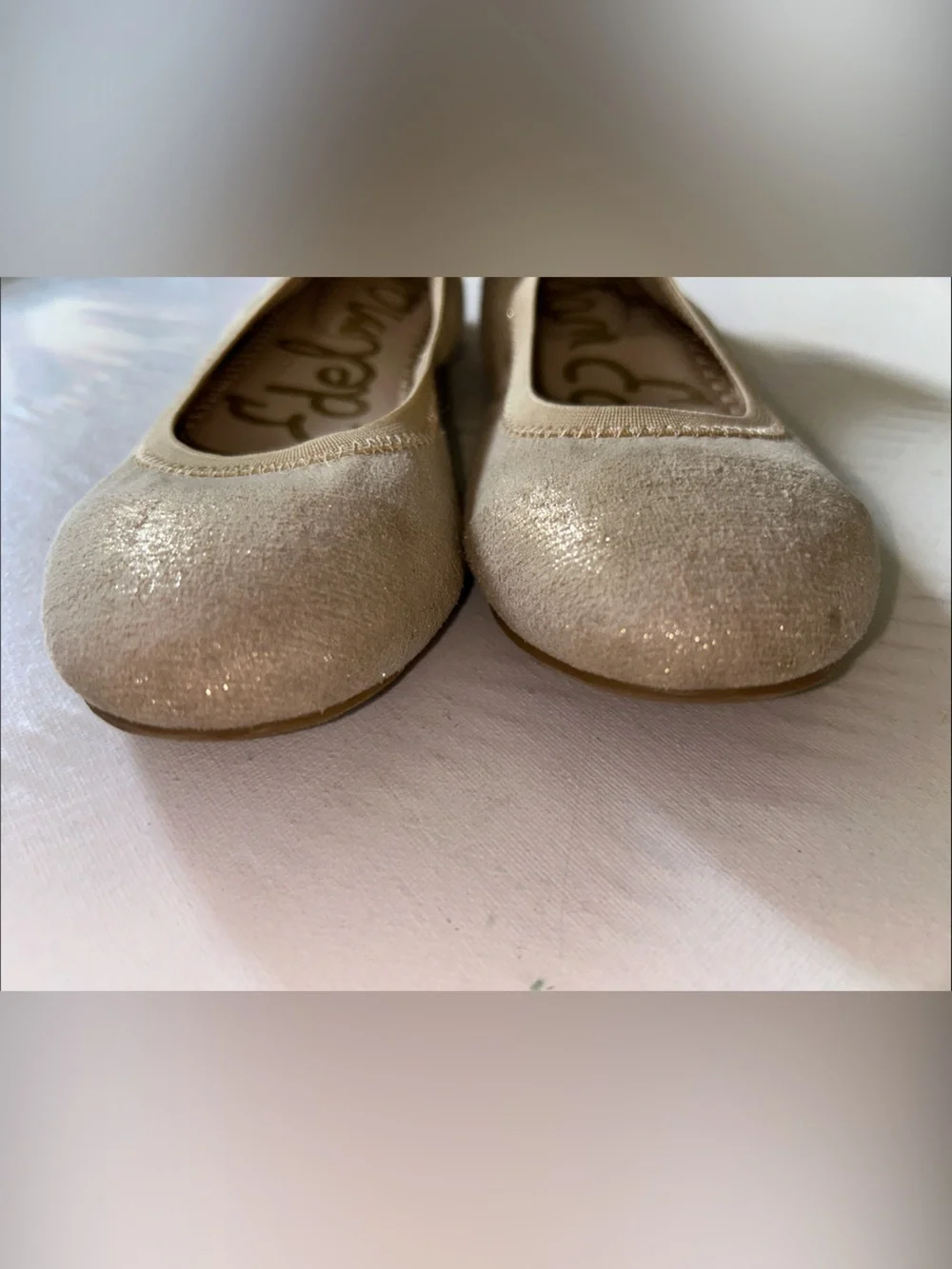 Sam Edelman Felisha Champagne Glitter Ballet Flats with Bow Accent